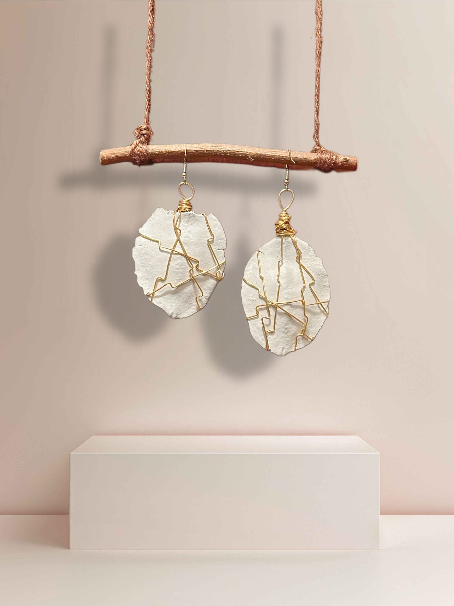 White + Gold Wood Earrings