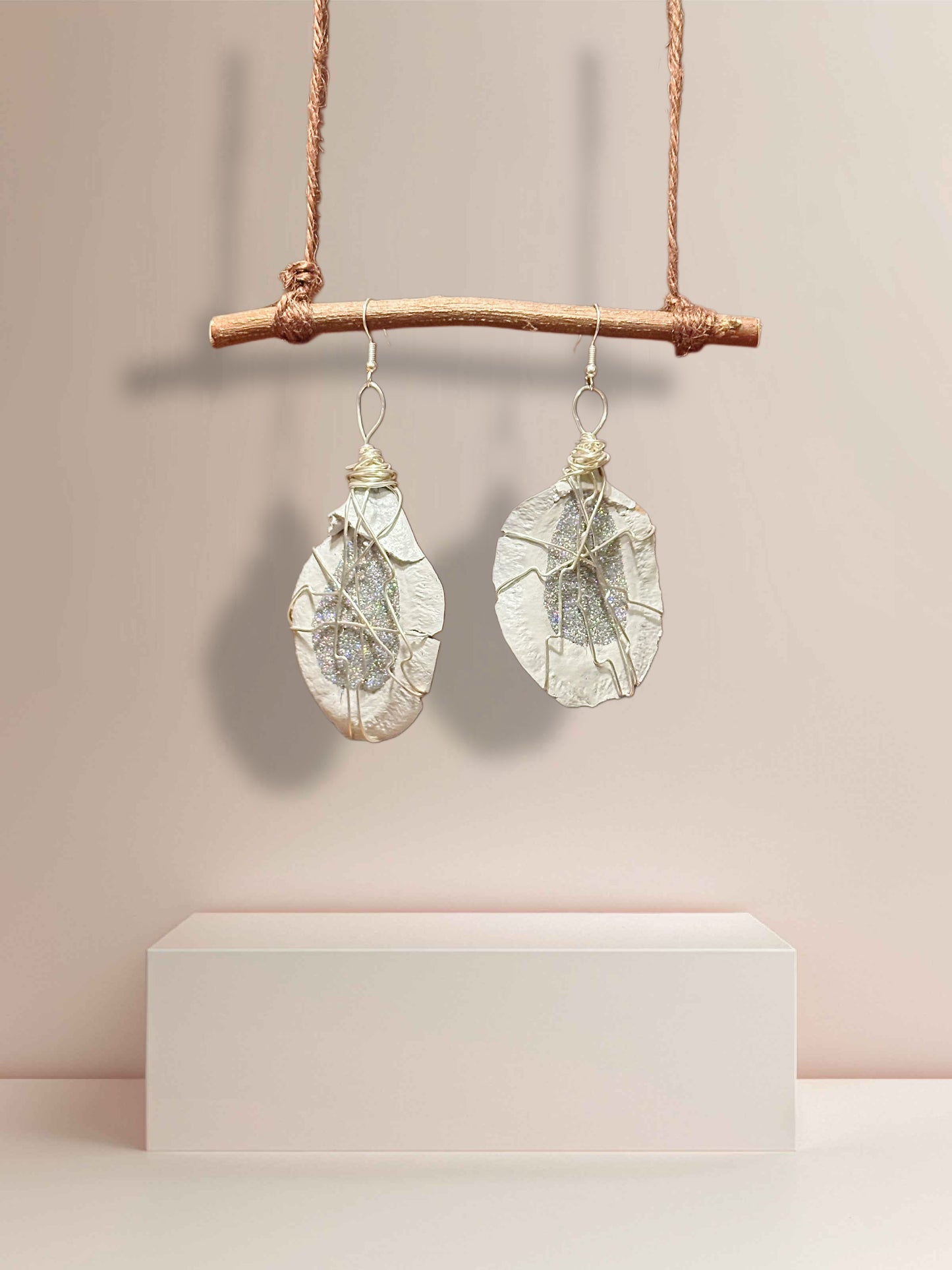 White + Silver Wood Earrings