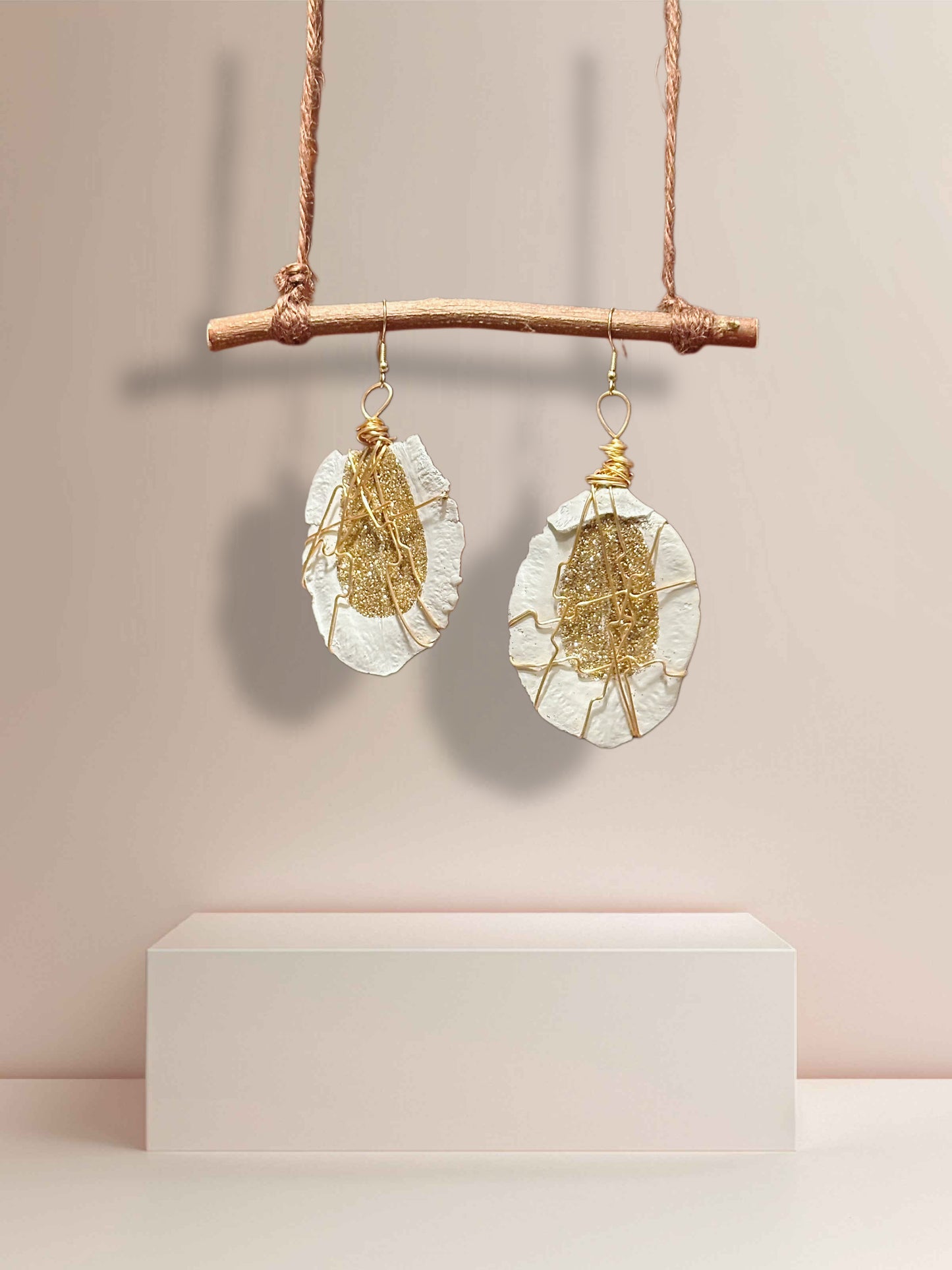 White + Gold Wood Earrings
